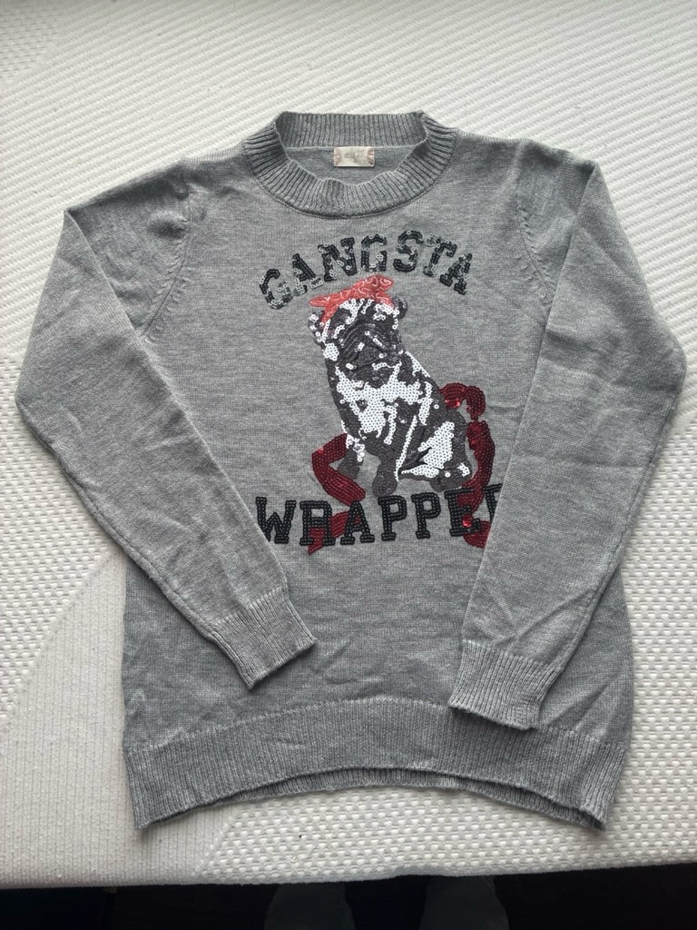 Altar'd State Gray Crewneck Sweater with Sequin Dog Graphic and Red Accents